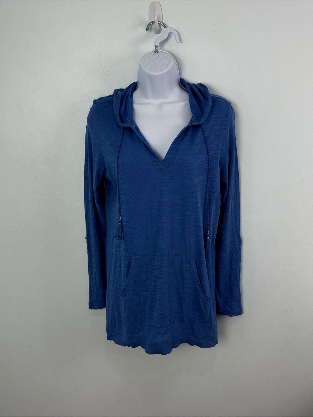 J.Jill Size XS Cornflower Blue Roll Tab Sleeve Knit Cotton Hoodie V Neck